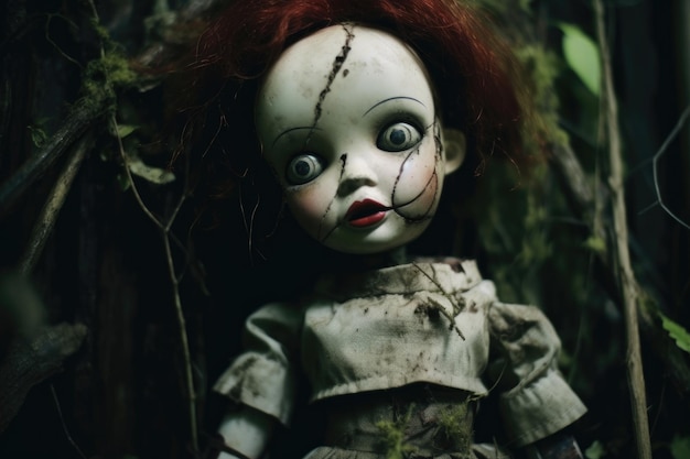 Creepy doll with one eye missing staring into darkness created with generative ai