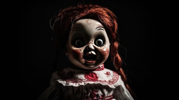 A creepy doll with a red face and a spooky face