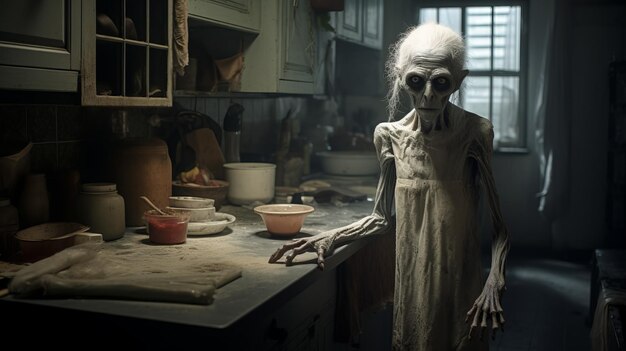 Photo creepy elf ghost in kitchen ultra realistic photo