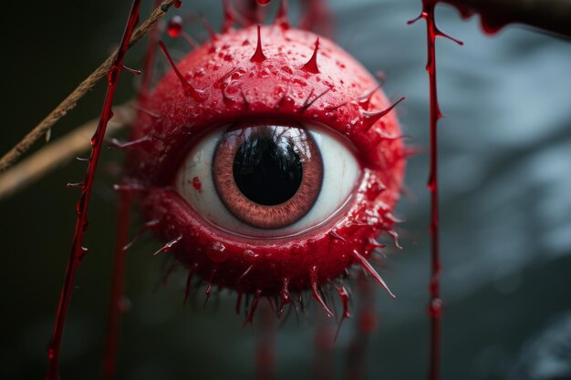 a creepy eye hanging from a branch with blood dripping from it