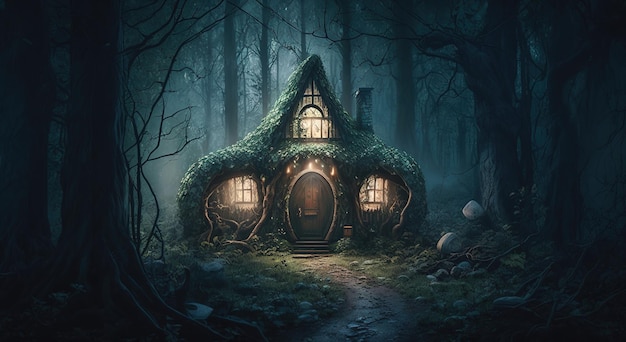 A creepy fairy home in a misty gloomy spot in the woods