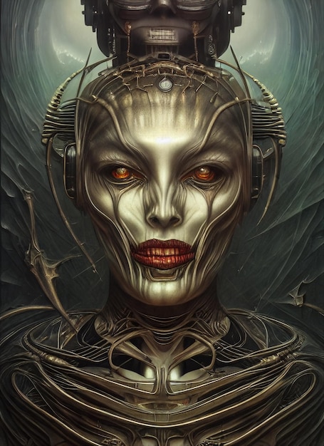 Creepy female monster robot with pumpkin halloween ai generated illustration