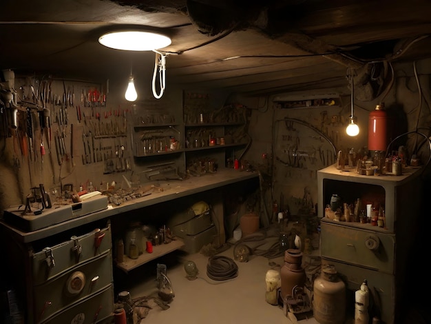 A creepy forgotten bomb shelter cluttered with a variety of things Generative AI content