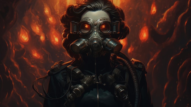 Photo creepy gas mask portrait dark lovecraftian illustration with flames and tentacles