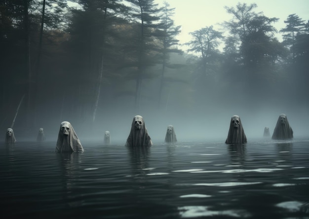 Creepy ghosts floating over a spooky lake