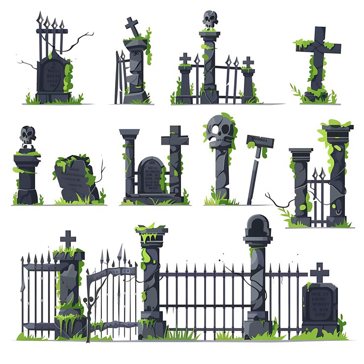 Photo creepy graveyard fence set presenting dark gray and mossy gr illustration furniture game assets