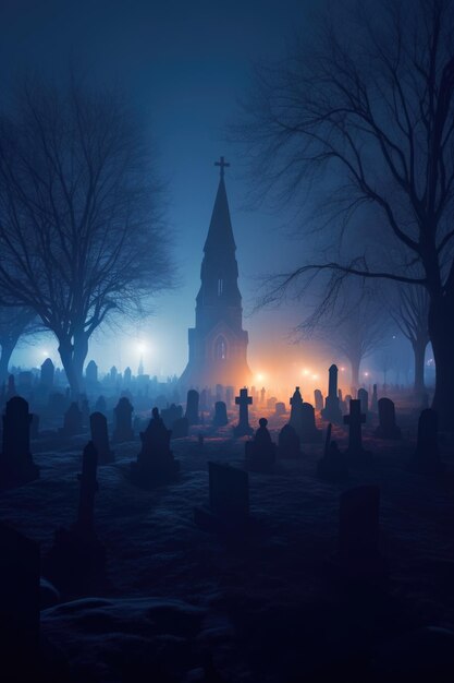 生成 AI で作成された、夜に不気味な霧がかかる不気味な墓地
