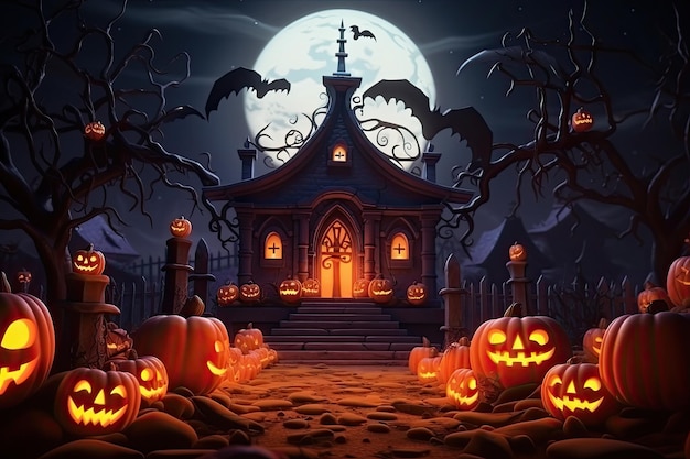 Creepy Halloween Background With Castle And Pumpkins Generative AI