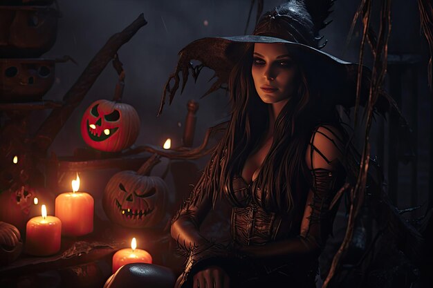 Creepy Halloween Background With Witch Girl And Pumpkins Illustration Generative AI