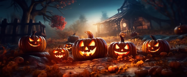 Creepy halloween carved pumpkin jackolantern in a spooky landscape at night generative ai