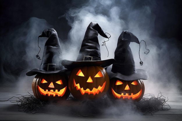 Creepy Halloween grinning pumpkins glow in the dark among the fog jackolantern in a witch hat on a black background in smoke