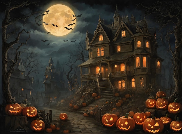 Creepy Halloween night scene with haunted houses bats jack o lantern pumpkins under the moonlight