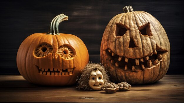 A creepy halloween pumpkin and a ghost on a wooden table
