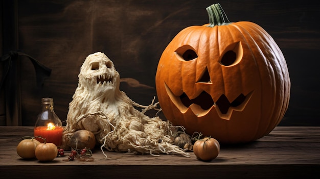 A creepy halloween pumpkin and a ghost on a wooden table