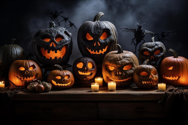 Creepy Halloween pumpkins with carved glowing faces still life Generative AI