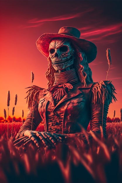 Photo a creepy halloween scarecrow character in hollow face and classic costumes with a witch hat on it