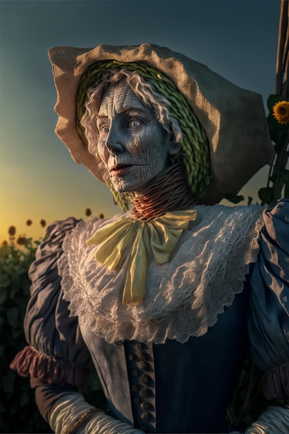 Photo a creepy halloween scarecrow character in hollow face and classic costumes with a witch hat on it