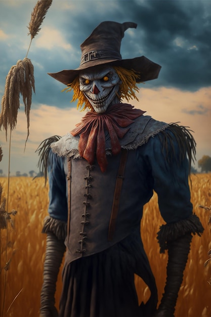 A creepy Halloween Scarecrow character in hollow face and classic costumes with a witch hat on it