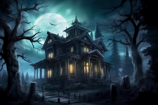 Creepy haunted mansion spooky moonlit sky trees in background with eyes shining from shadows