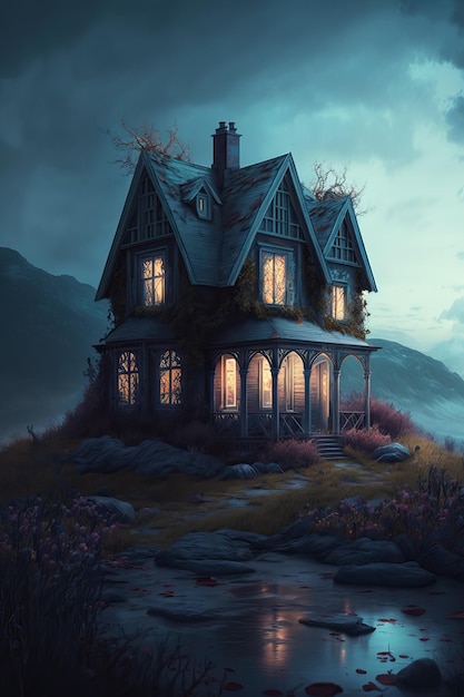 Creepy house haunted manor vintage spooky horror eerie dusk evening night stormy rain darkness fear home building old Halloween evil cloudy dramatic ghost