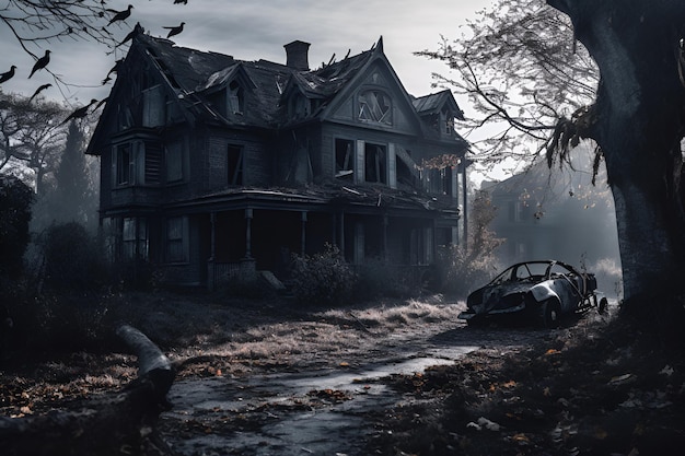 A creepy house with a car in front of it