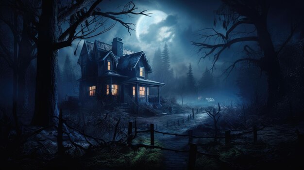 a creepy house in the woods at night