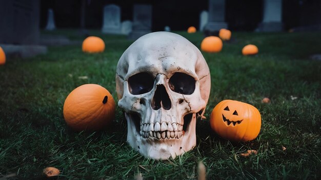 Photo creepy human skull at cemetery on halloween night