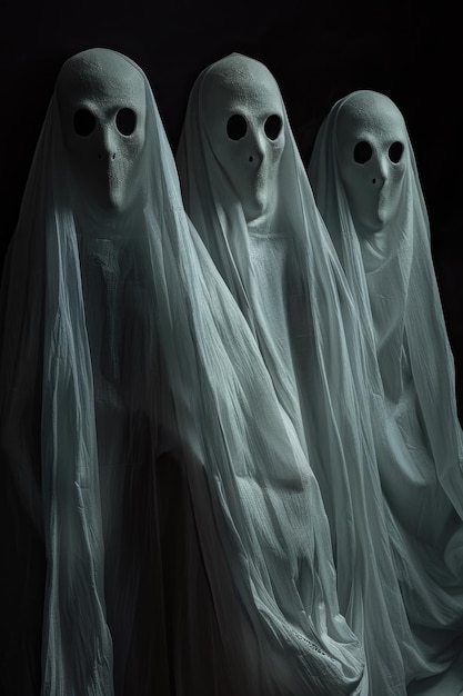 写真 ハロウィーンをテーマにしたプロジェクトに最適な黒い目を持つ3人の幽霊的な人物の恐ろしい画像