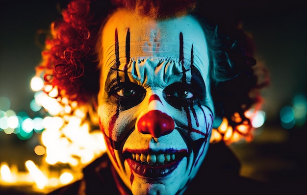 A creepy inducing clown on the background of a burning city Horror clown monster