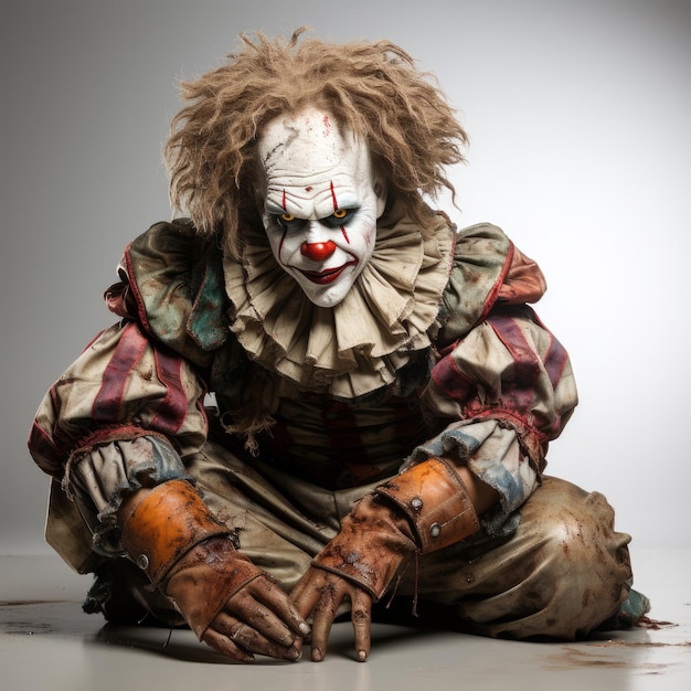 Photo creepy killer clown holding a bloodstained weapon invoking terror and dread