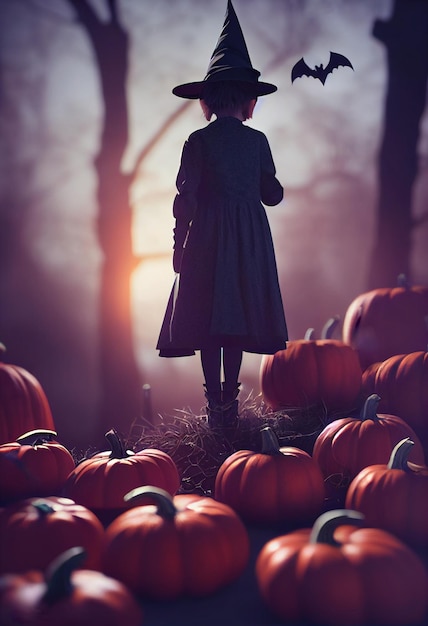 Creepy little witch standing with pumpkins 3d illustration