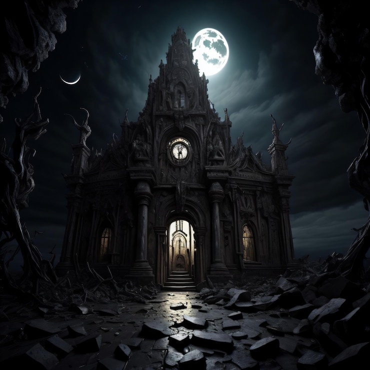A creepy looking building with a clock on the front
