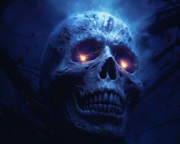 a creepy looking skull with glowing eyes in the dark