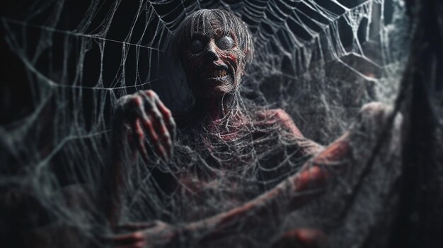 A creepy looking zombie with a spider web on the bottom.