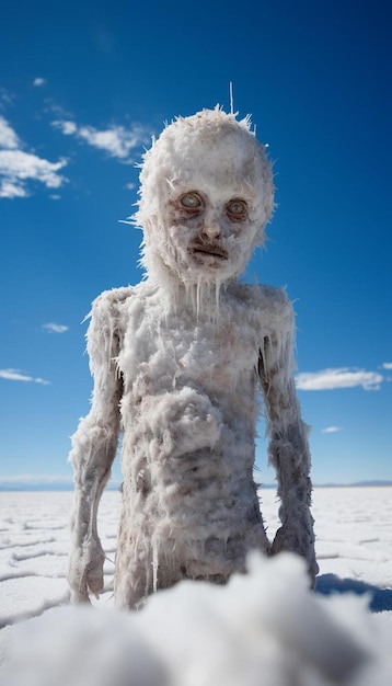 Foto un uomo inquietante si trova di fronte a un cielo blu con le nuvole sullo sfondo.