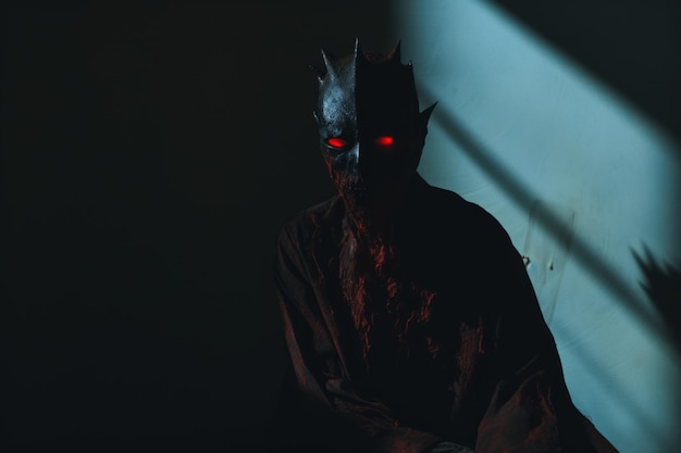 Photo a creepy man with red eyes sitting in a dark room