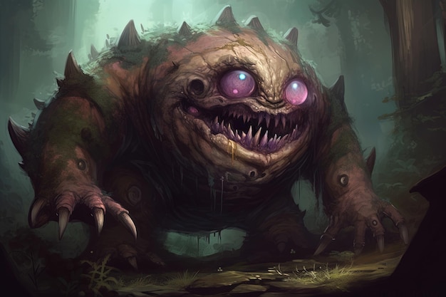 Creepy monster in the dark forest Fantasy illustration