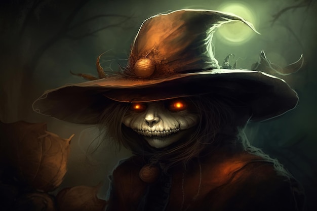 Creepy monster in hat scarecrow dark fantasy horror illustration Generative AI