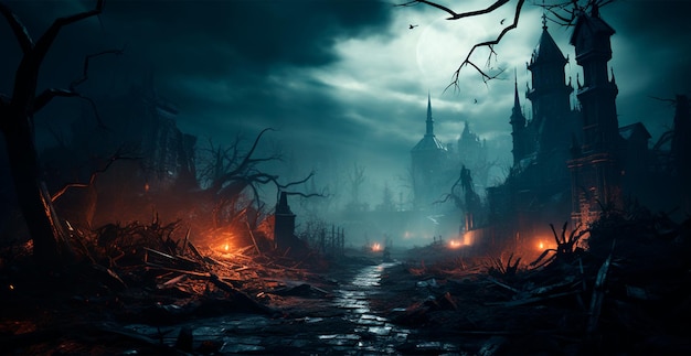 Creepy night in dark medieval castle scary atmosphere for Halloween holiday background concept AI generated image