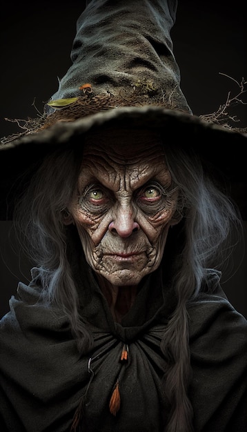 creepy old witch wearing hat scary old woman wicked witch ai generated