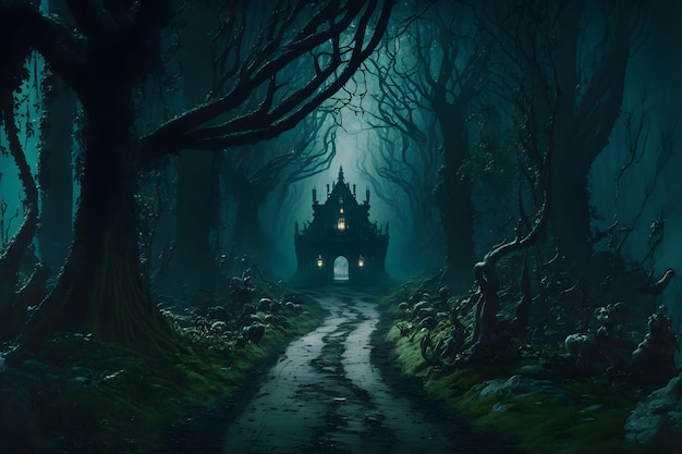 恐ろしい暗い森を通る不気味な道 未舗装の道路に沿って曲がった古い木 幻想的な魔法の森の湿った霧