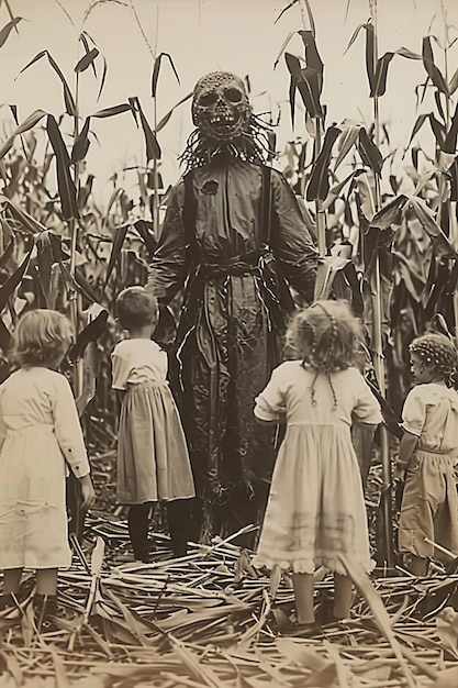 Creepy photo from 18901900 Young children around a scary scarecrow in a cornfield