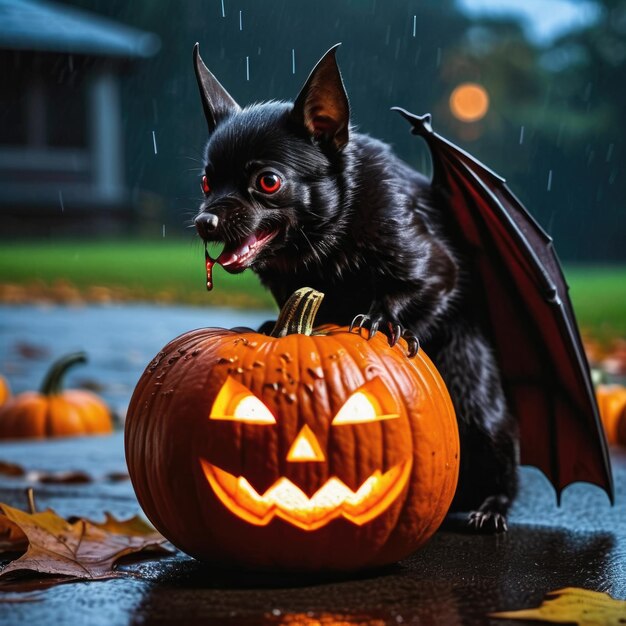 Creepy pumpkin with a bat at halloween night heavy rain