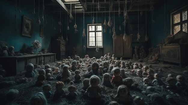 A creepy room with a bunch of dolls in it