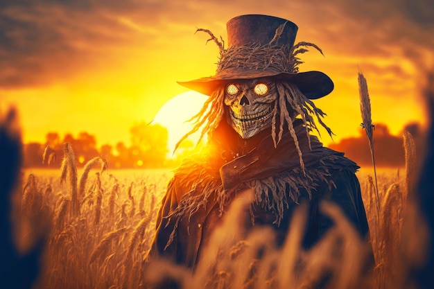 Creepy scarecrow smile and glowing eyes on scary skull during sunset on field