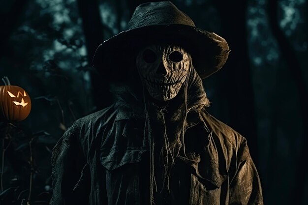 カンバスの袋を頭の上に身につけた恐ろしいスケアクロウ (Creepy Scarecrow) は密集した森の中で生み出されたAIイラストハロウィン・フェアリー・テイルズ (Halloween Fairy Tales) 