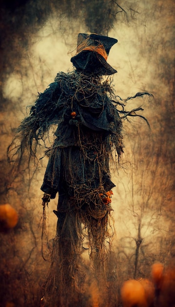 A creepy scarecrow with a hat and a chain on his head.