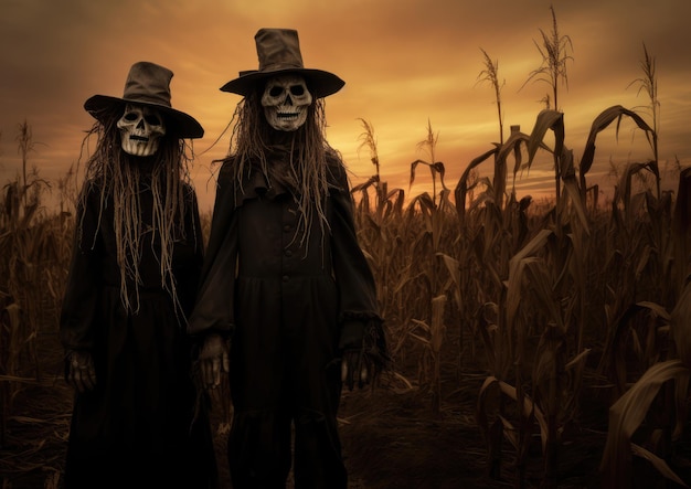 Creepy scarecrows standing guard in a haunted cornfield