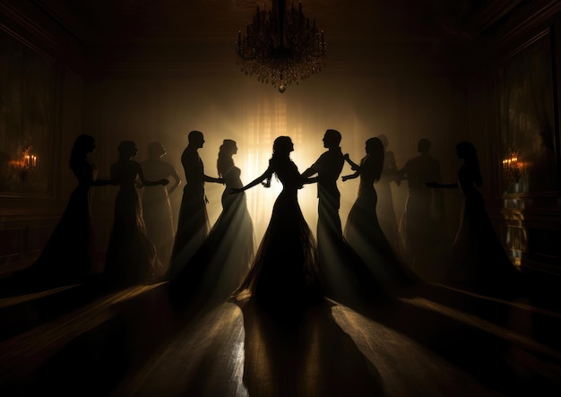 Creepy silhouettes dancing in a haunted ballroom