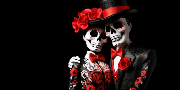 creepy skeleton skull couple figurines for dia de los muertos or day of the dead on black background with copy space